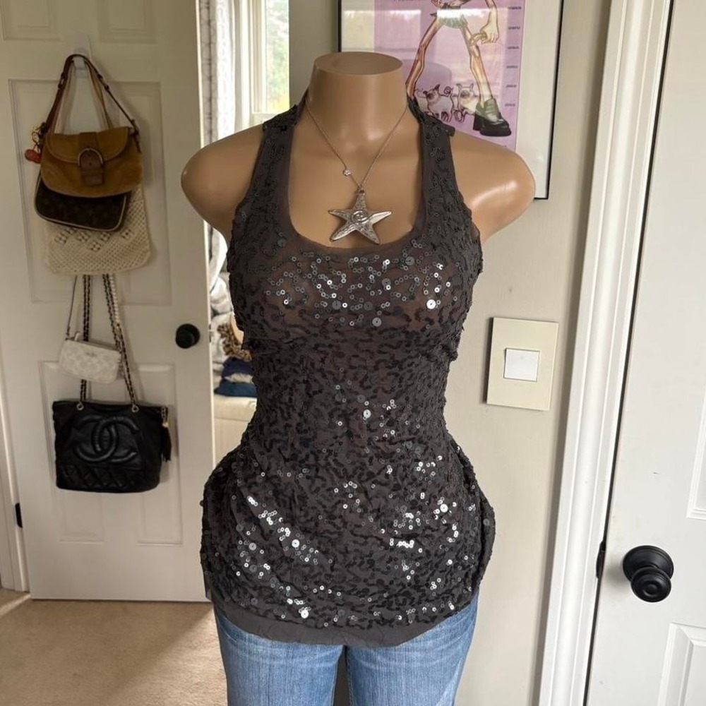 Y2K 2000s mcbling dark gray TANK TOP